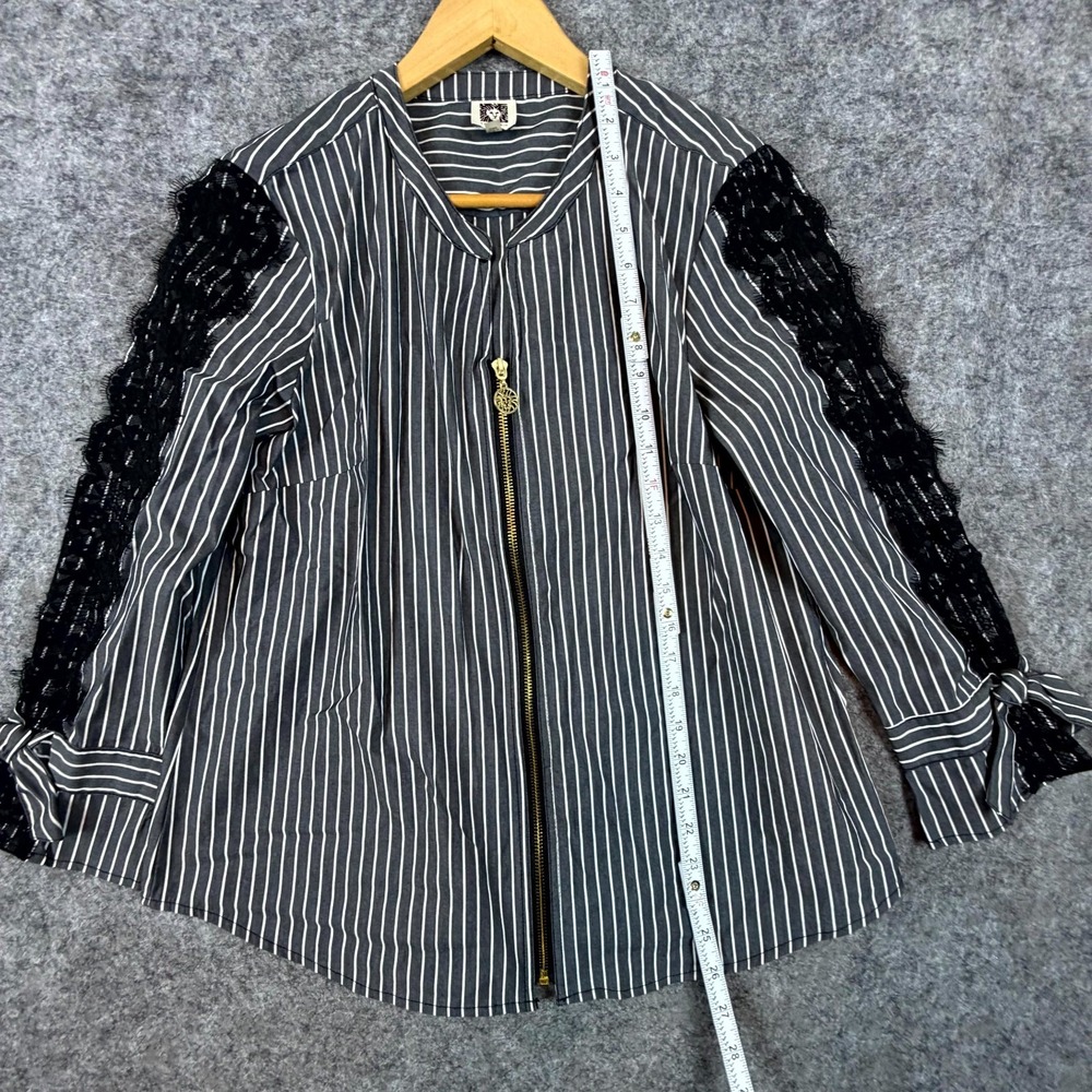 Anne Klein Blouse Womens Small Black White Office Goth Full Zip Lace Trim Bows - Picture 6 of 8